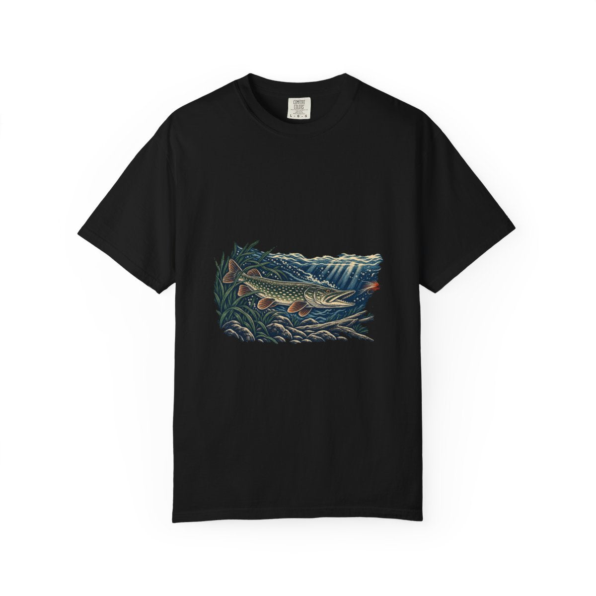 Pike Shadow Tee large front print on a Black Comfort Colors 1717 tee