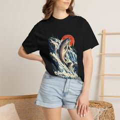 Salmon Run Tee worn Printify context view on a Black Comfort Colors 1717 tee