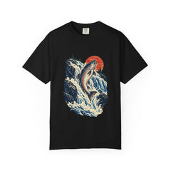 Salmon Run Tee large front print on a Black Comfort Colors 1717 tee