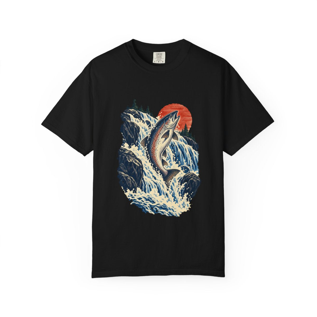 Salmon Run Tee large front print on a Black Comfort Colors 1717 tee