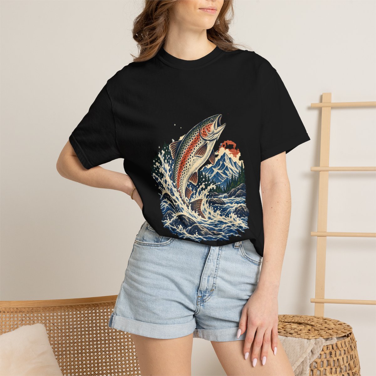 Trout Strike Tee worn Printify context view on a Black Comfort Colors 1717 tee