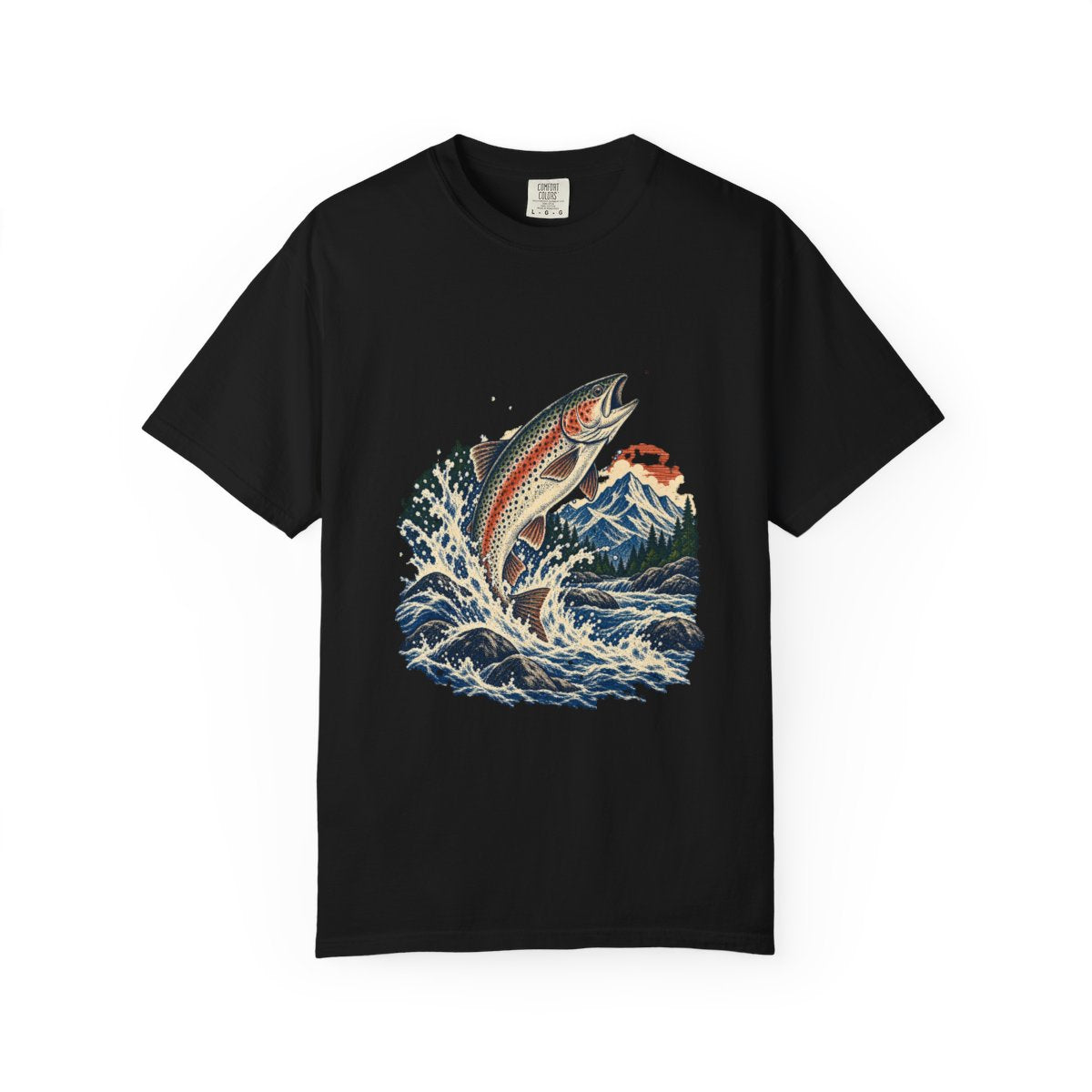 Trout Strike Tee large front print on a Black Comfort Colors 1717 tee