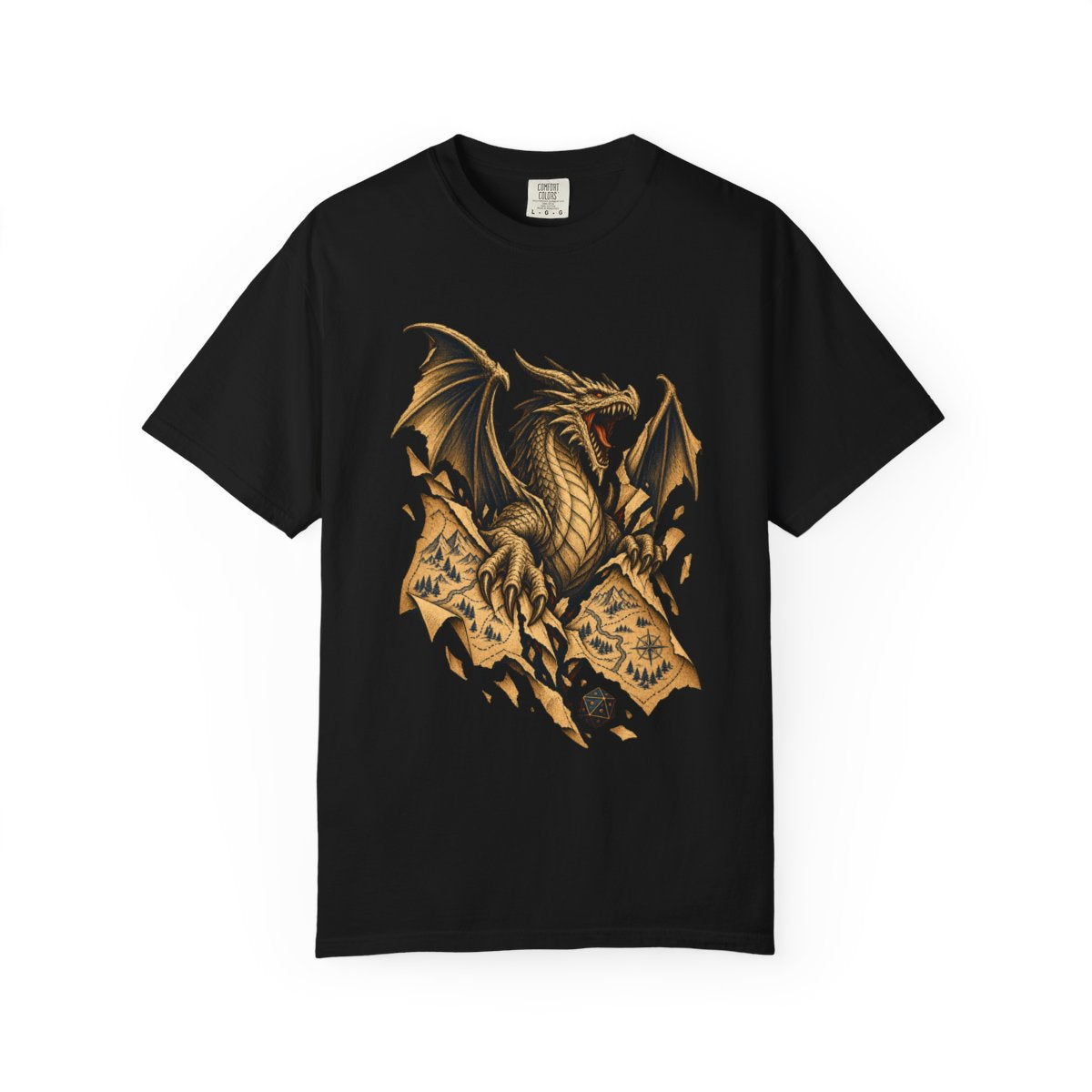 Dragon Unfolded Tee large front print on a Black Comfort Colors 1717 tee