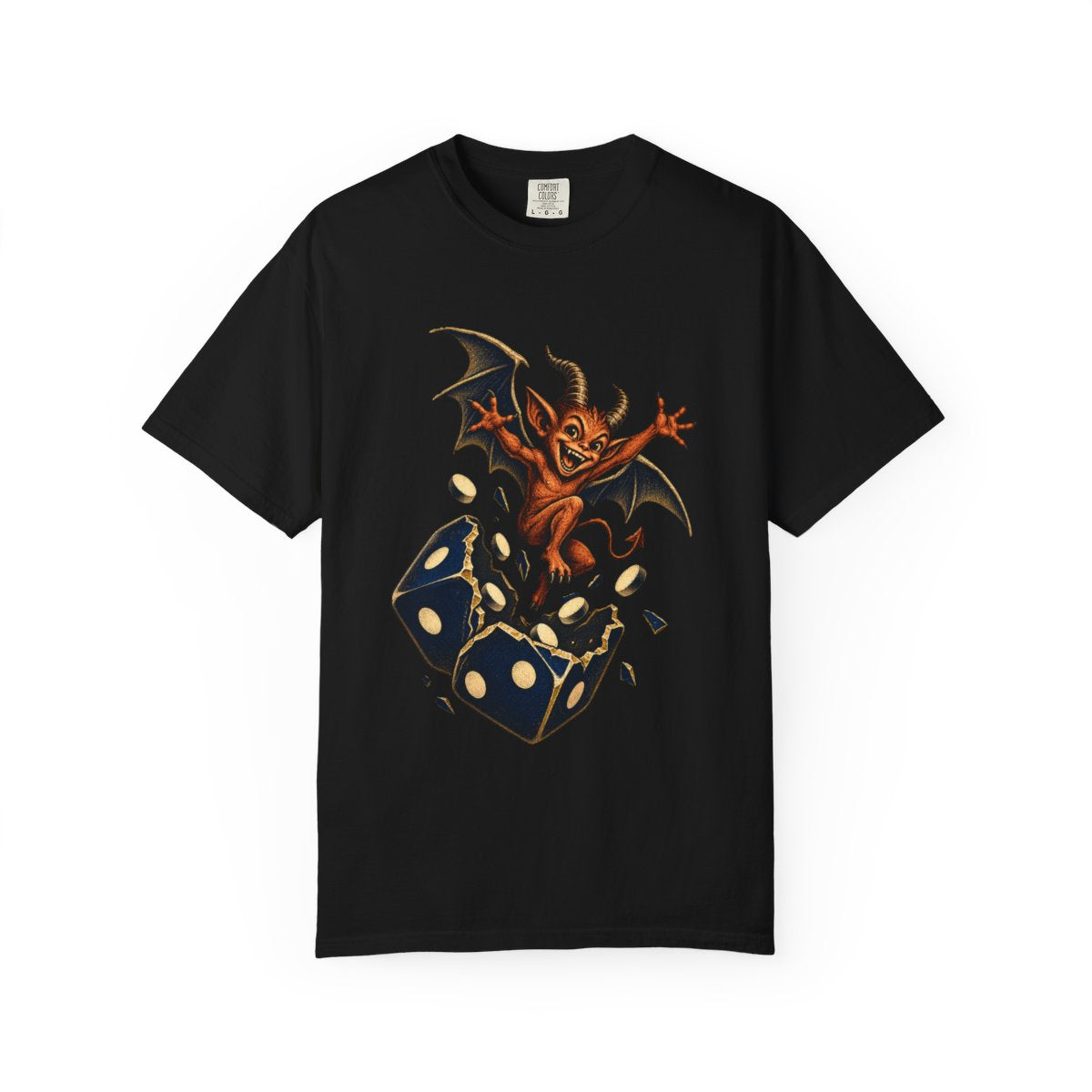 Imp Roll Tee large front print on a Black Comfort Colors 1717 tee