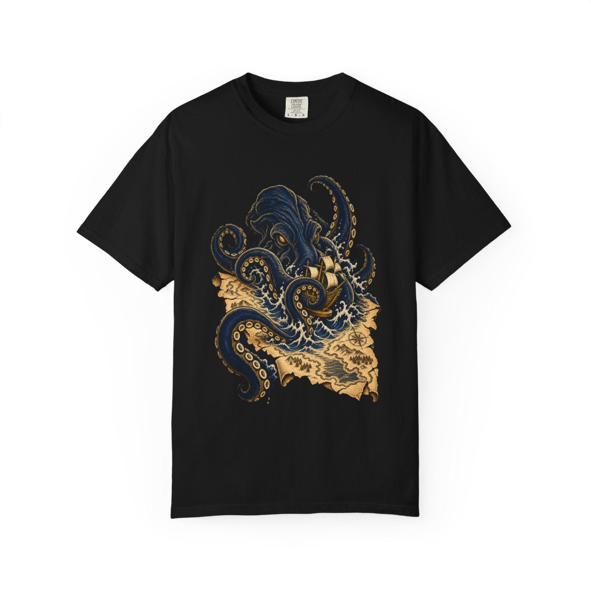 Ink Kraken Tee large front print on a Black Comfort Colors 1717 tee