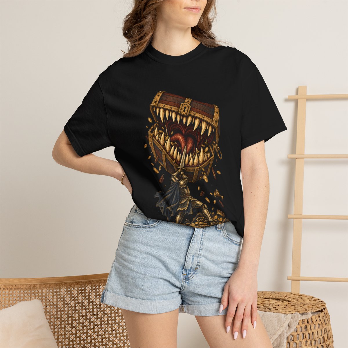 Mimic Snap Tee worn Printify context view on a Black Comfort Colors 1717 tee