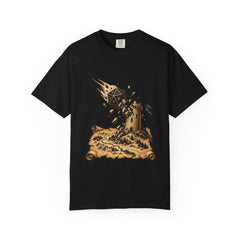 Tower Fall Tee large front print on a Black Comfort Colors 1717 tee