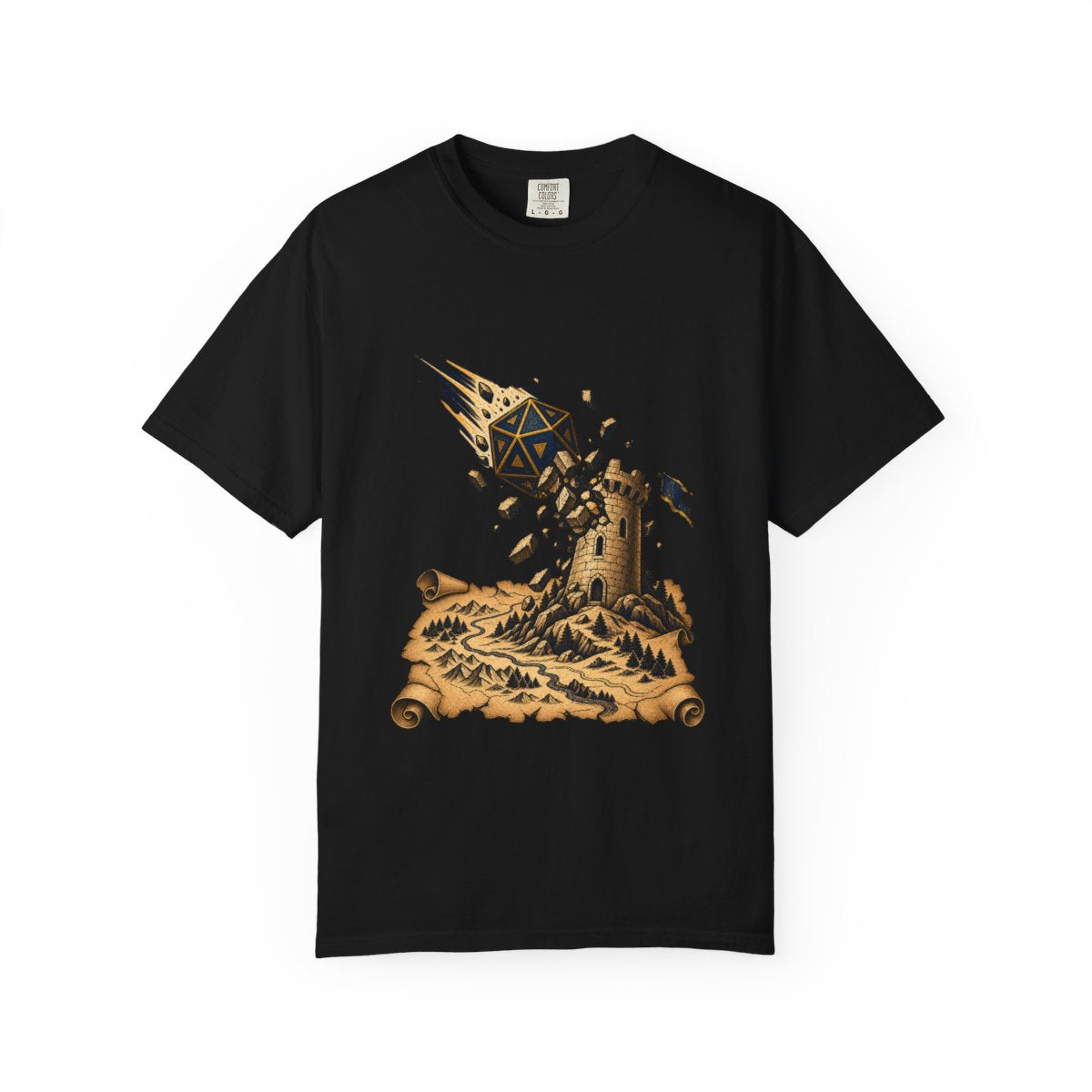 Tower Fall Tee large front print on a Black Comfort Colors 1717 tee