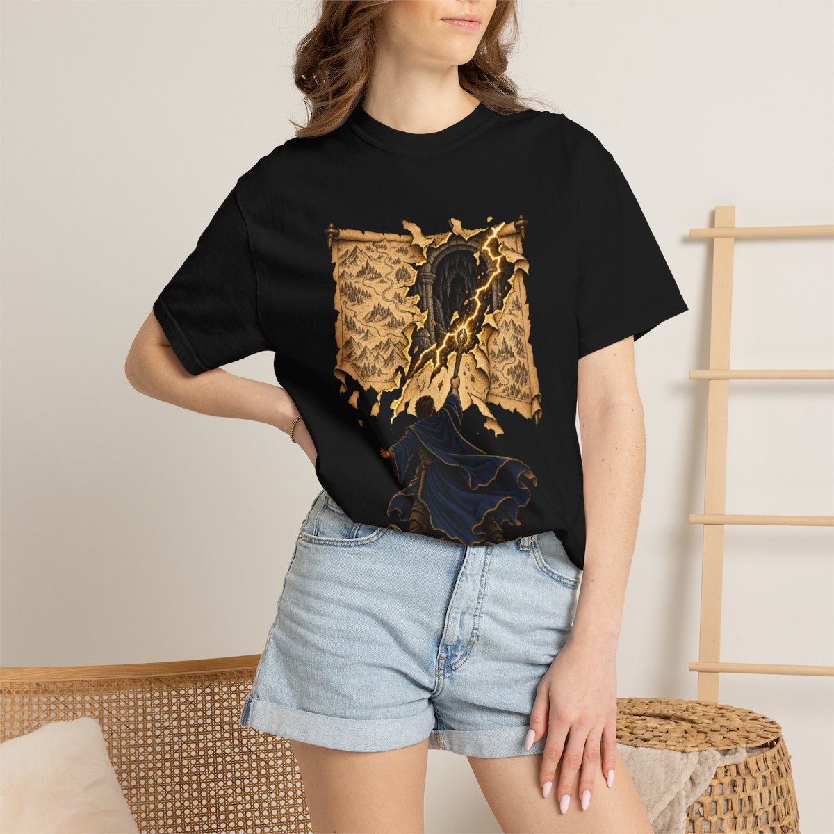 Wizard’s Turn Tee worn Printify context view on a Black Comfort Colors 1717 tee