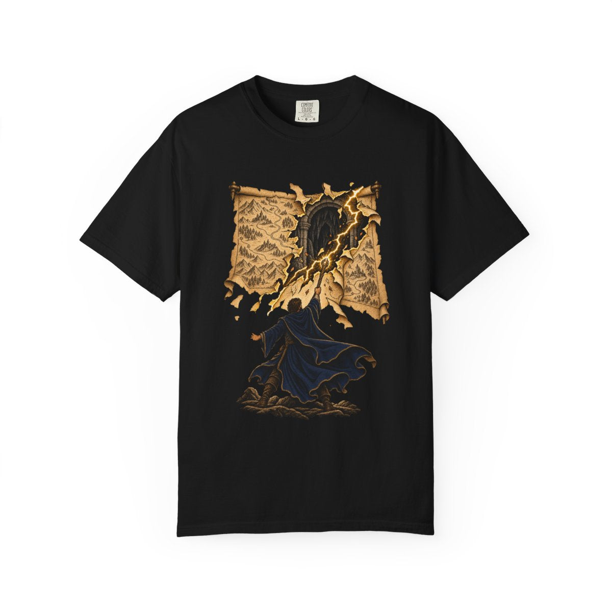 Wizard’s Turn Tee large front print on a Black Comfort Colors 1717 tee