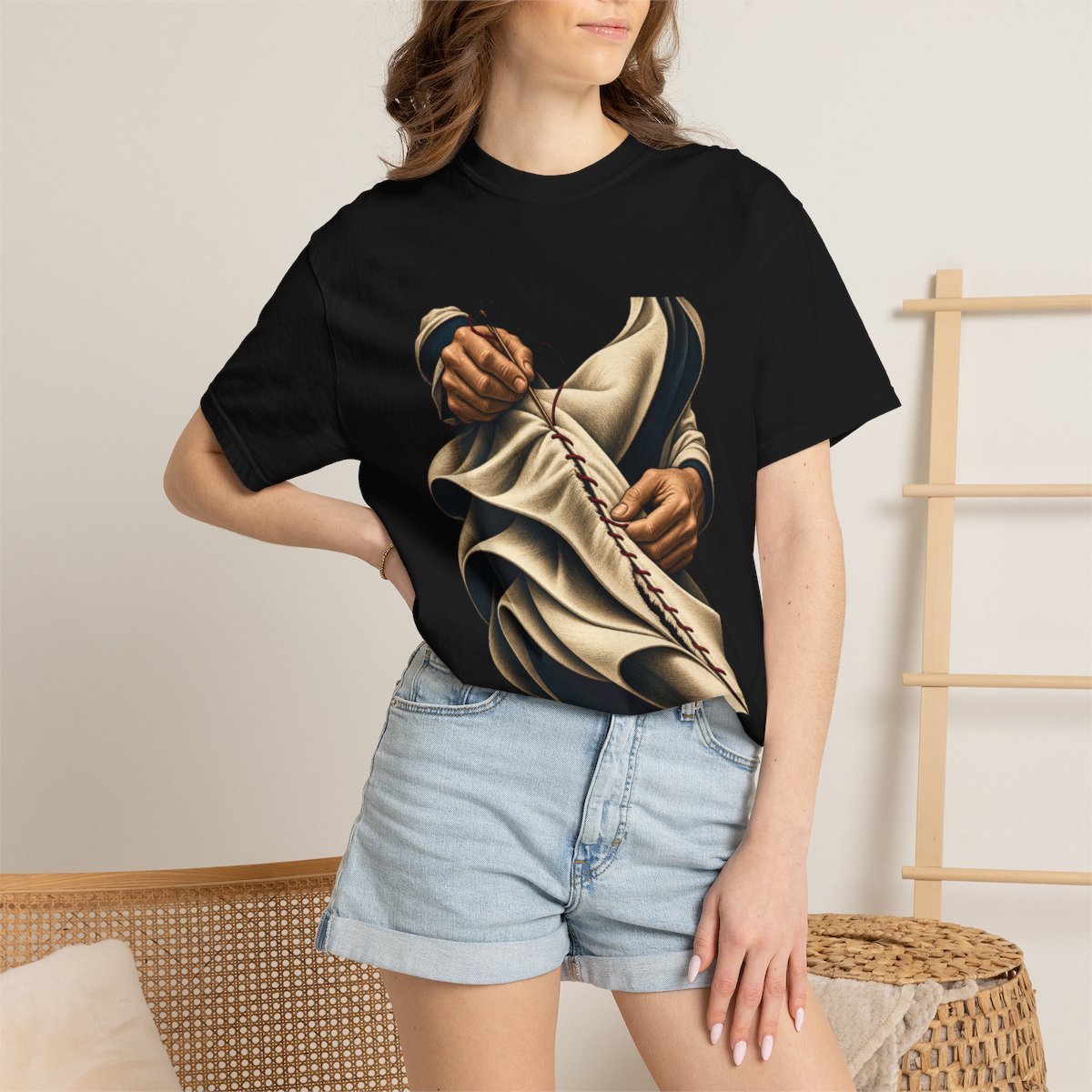 The Last Seam Tee worn Printify context view on a Black Comfort Colors 1717 tee