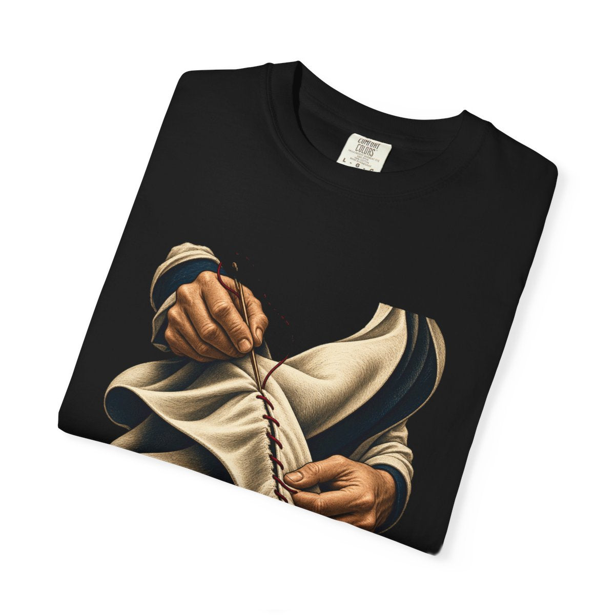 The Last Seam Tee folded front print detail