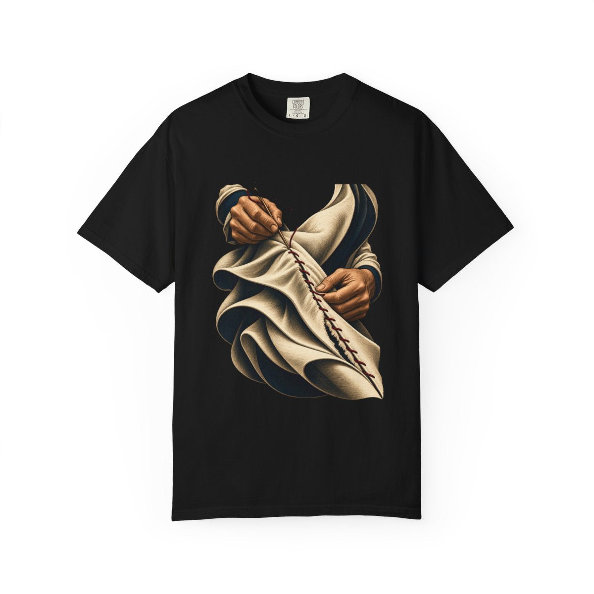 The Last Seam Tee large front print on a Black Comfort Colors 1717 tee
