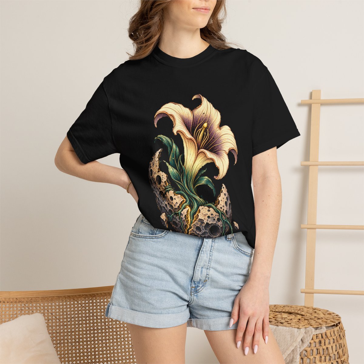 Crater Bloom Tee worn Printify context view on a Black Comfort Colors 1717 tee