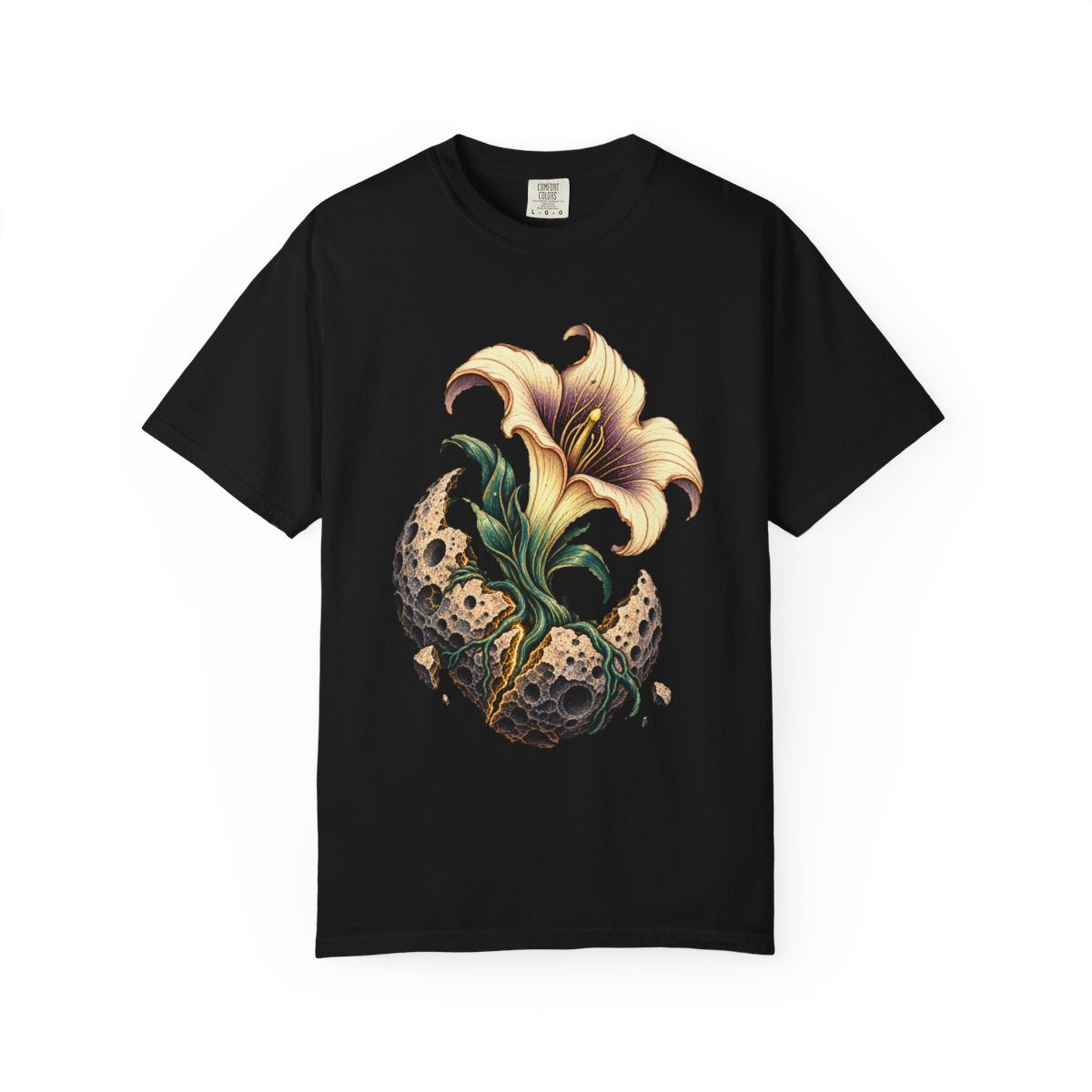 Crater Bloom Tee large front print on a Black Comfort Colors 1717 tee