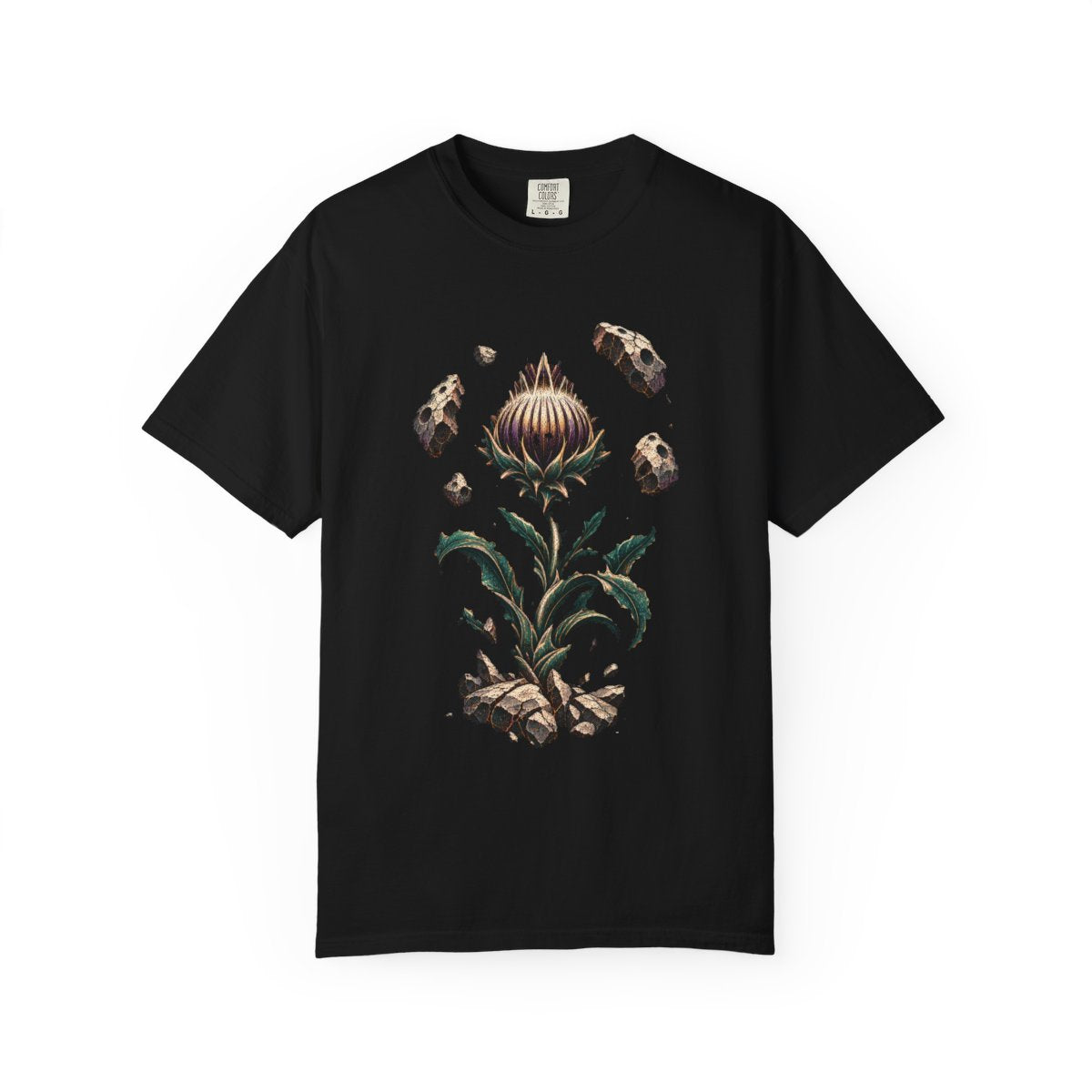 Gravity Thistle Tee large front print on a Black Comfort Colors 1717 tee