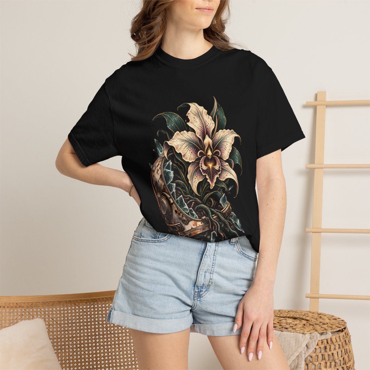 Helmet Garden Tee worn Printify context view on a Black Comfort Colors 1717 tee