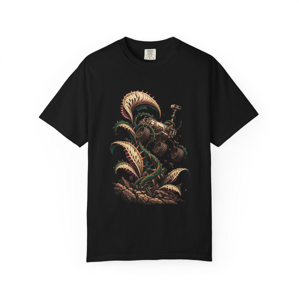 Rover Taken Tee large front print on a Black Comfort Colors 1717 tee