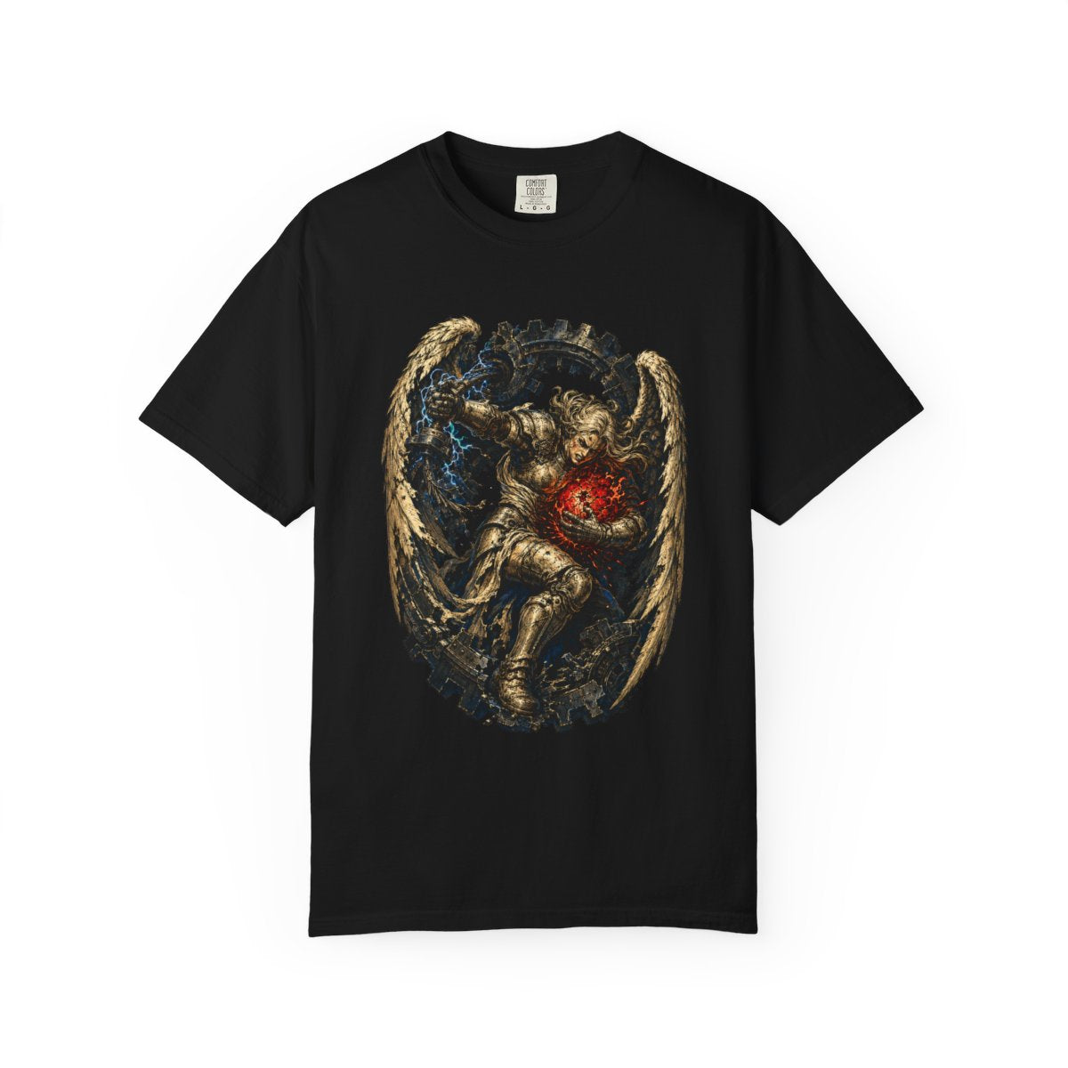 Thief of Morning Armored Angel Front Print Tee large front print on a Black Comfort Colors 1717 tee