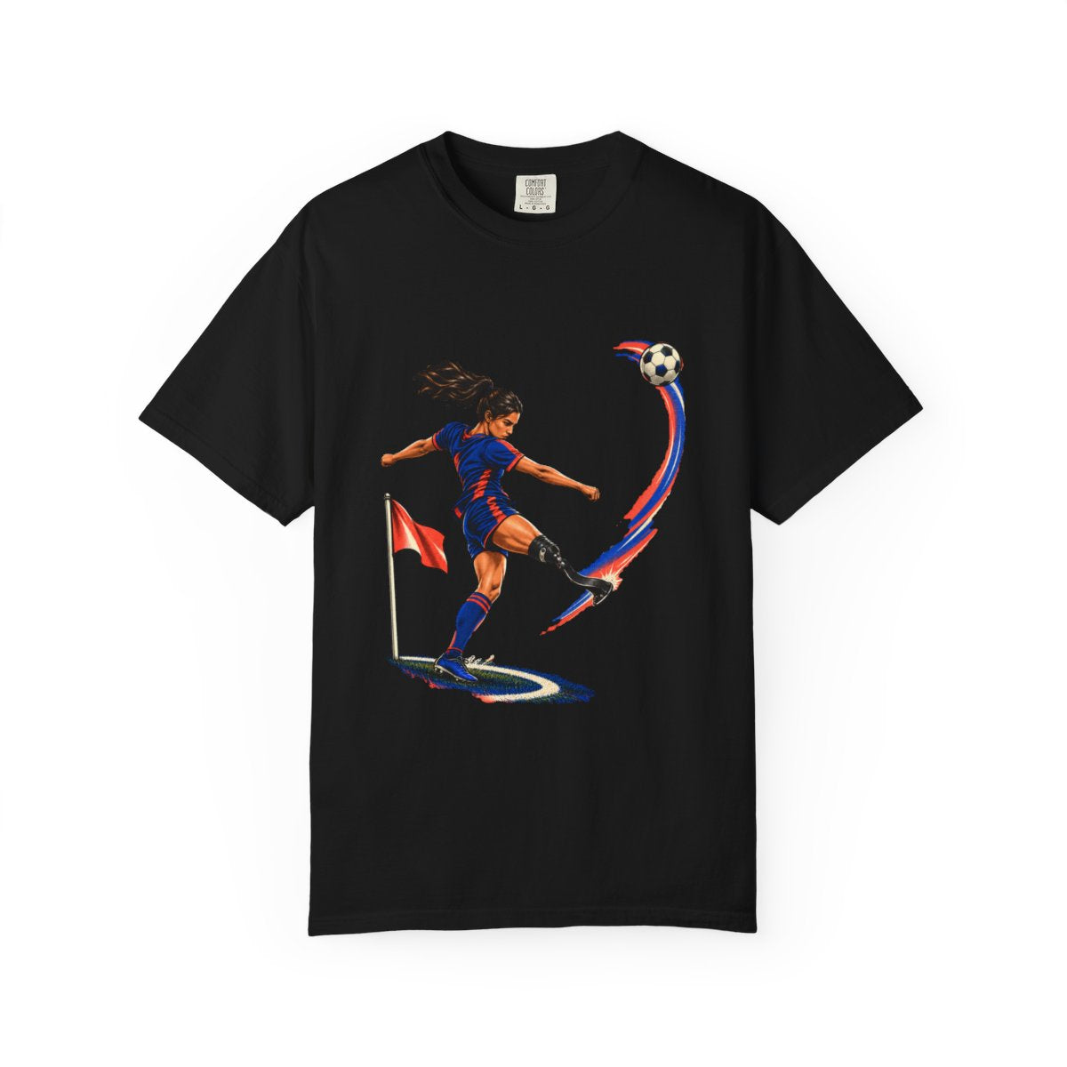 Corner Kick Tee large front print on a Black Comfort Colors 1717 tee