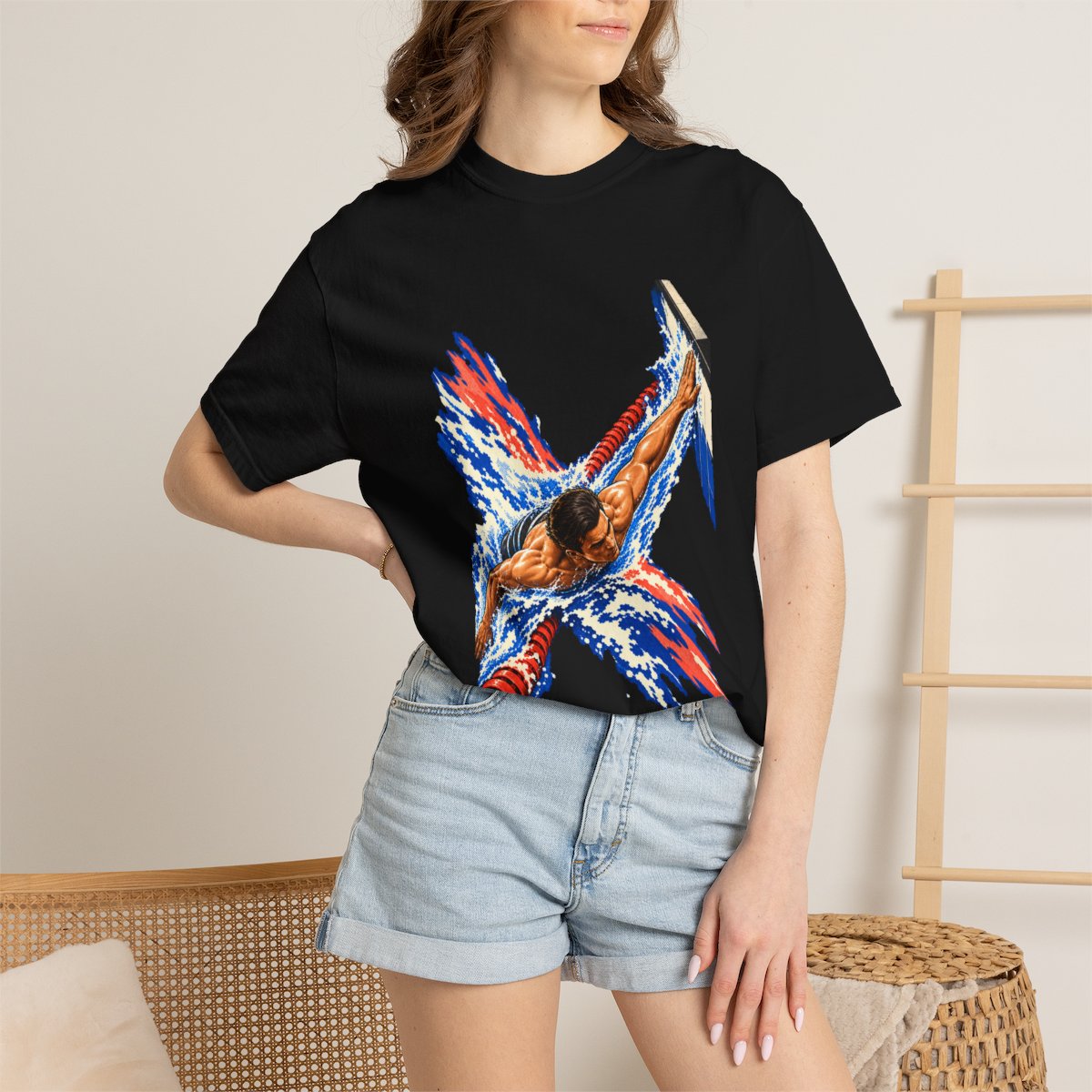 Wall Touch Tee worn Printify context view on a Black Comfort Colors 1717 tee