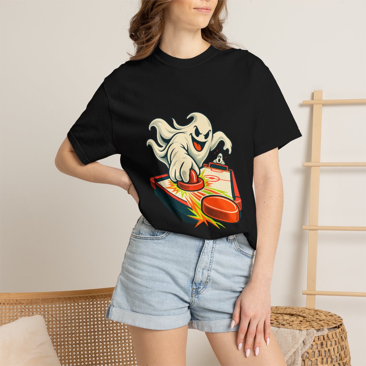 Air Hockey Ambush Tee worn Printify context view on a Black Comfort Colors 1717 tee