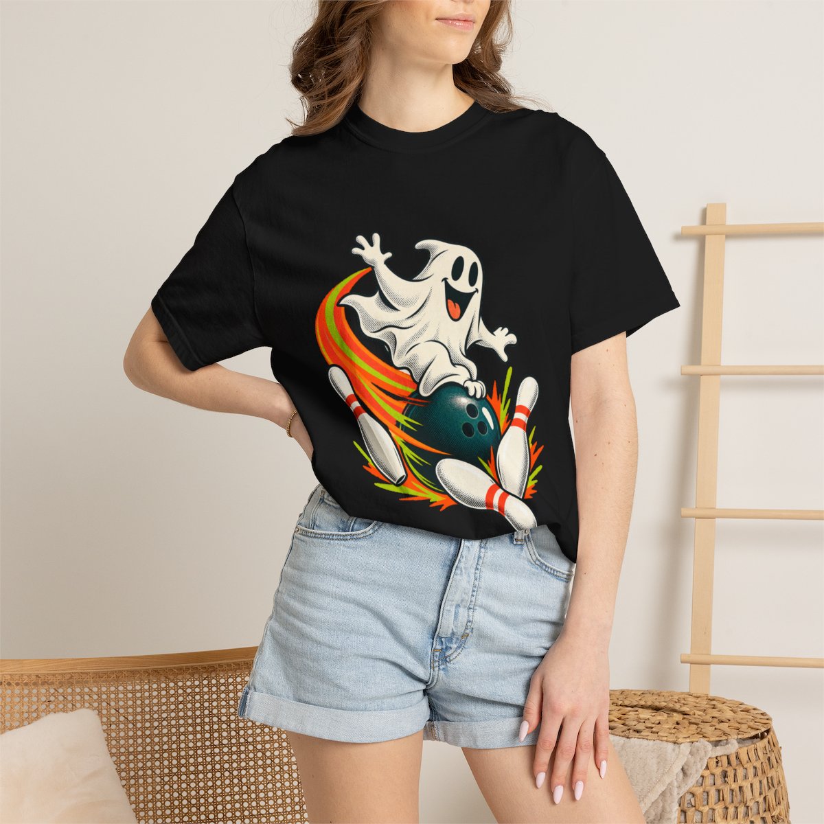 Bowling Blitz Tee worn Printify context view on a Black Comfort Colors 1717 tee