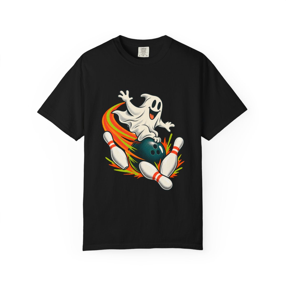 Bowling Blitz Tee large front print on a Black Comfort Colors 1717 tee