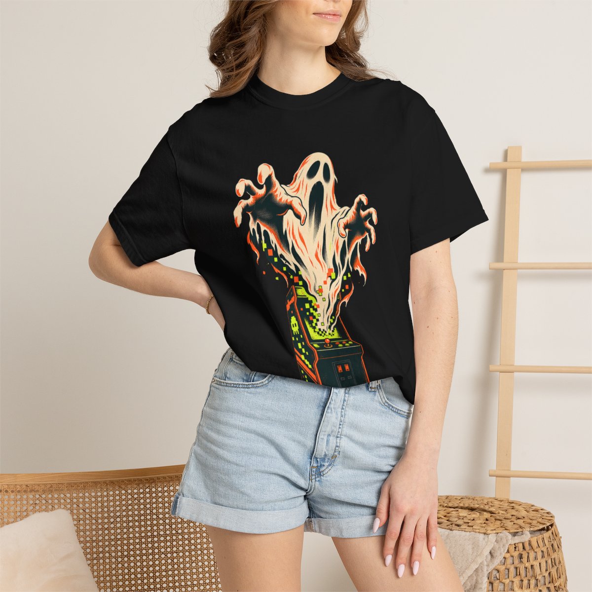 Cabinet Breakout Tee worn Printify context view on a Black Comfort Colors 1717 tee