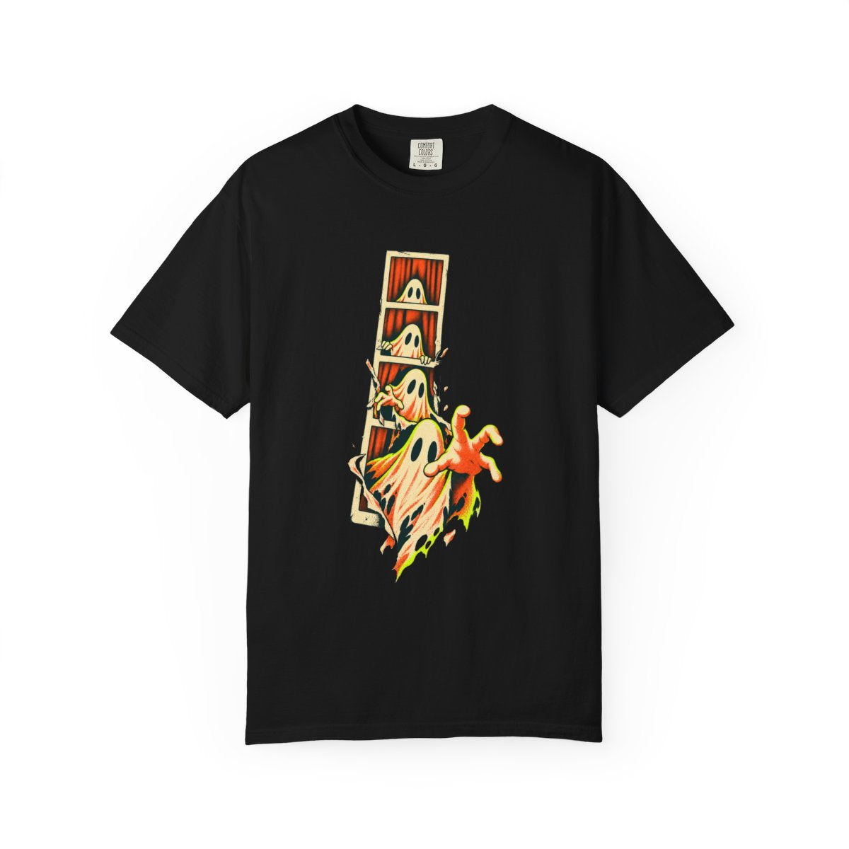 Photo Booth Phantom Tee large front print on a Black Comfort Colors 1717 tee