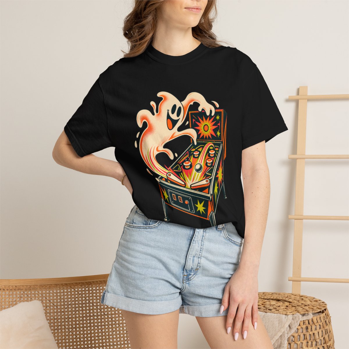 Pinball Tilt Tee worn Printify context view on a Black Comfort Colors 1717 tee
