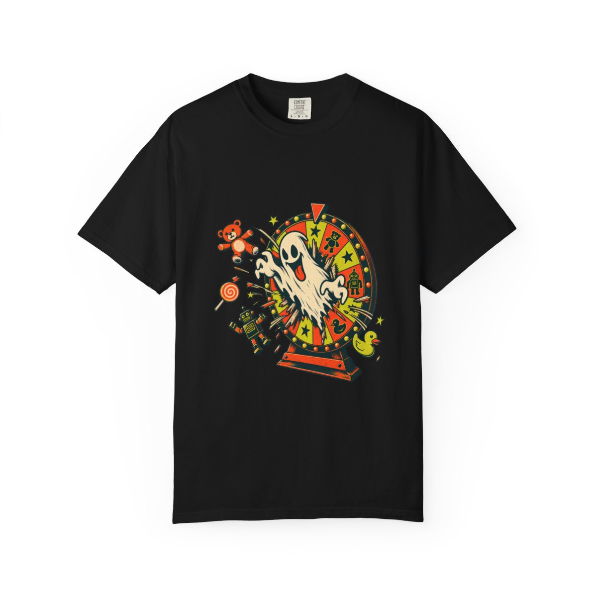 Prize Wheel Panic Tee large front print on a Black Comfort Colors 1717 tee