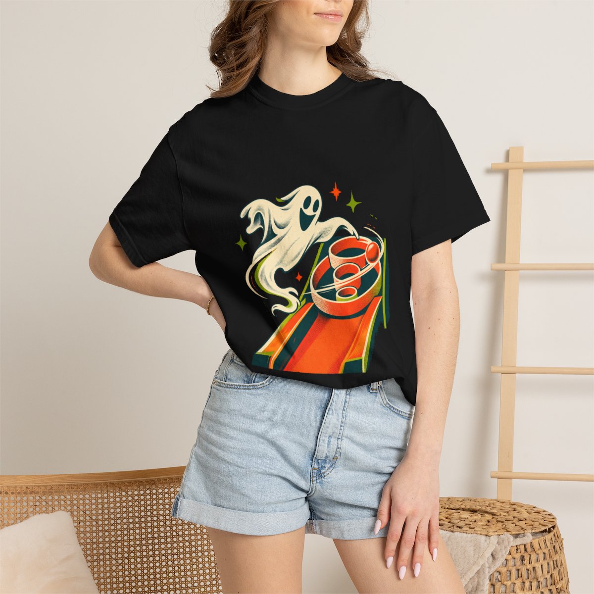 Skee-Ball Orbit Tee worn Printify context view on a Black Comfort Colors 1717 tee