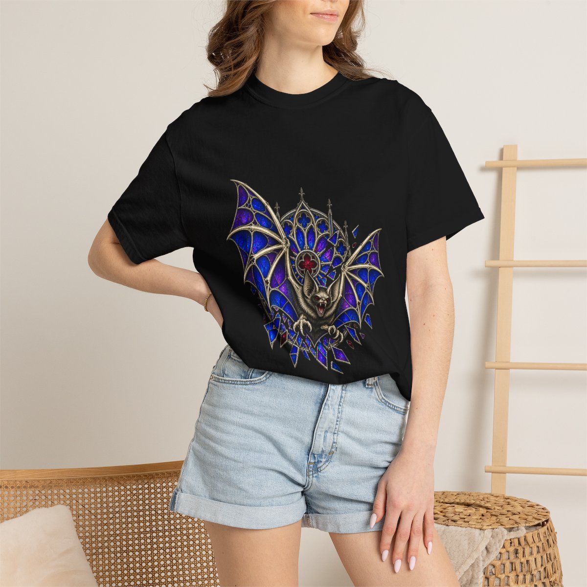 Cathedral Bat Tee worn Printify context view on a Black Comfort Colors 1717 tee