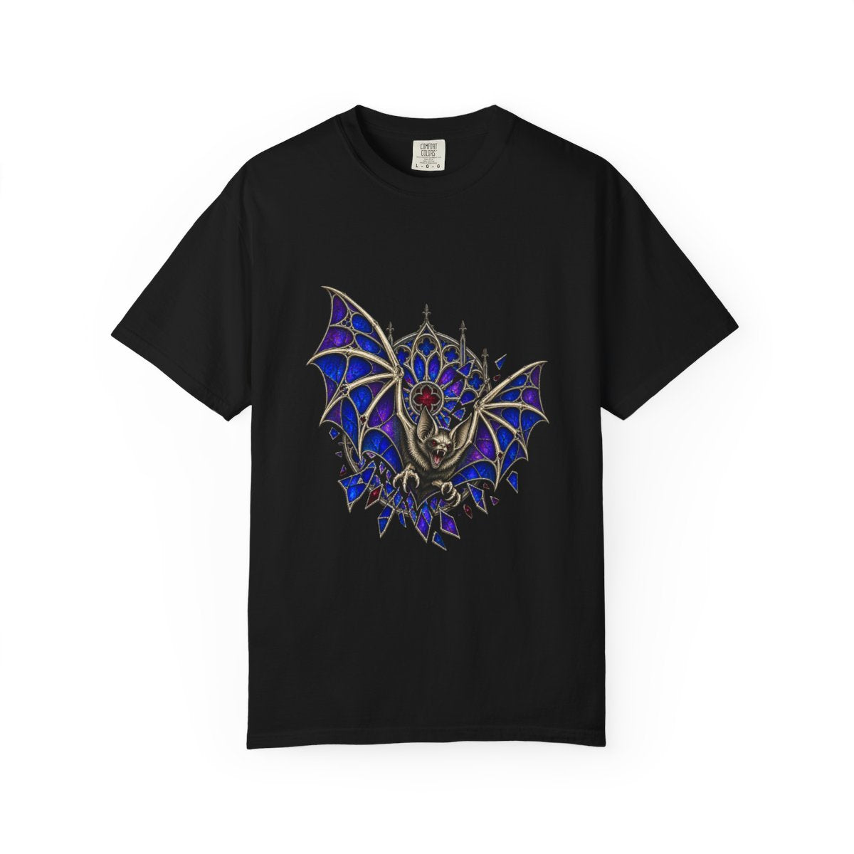Cathedral Bat Tee large front print on a Black Comfort Colors 1717 tee
