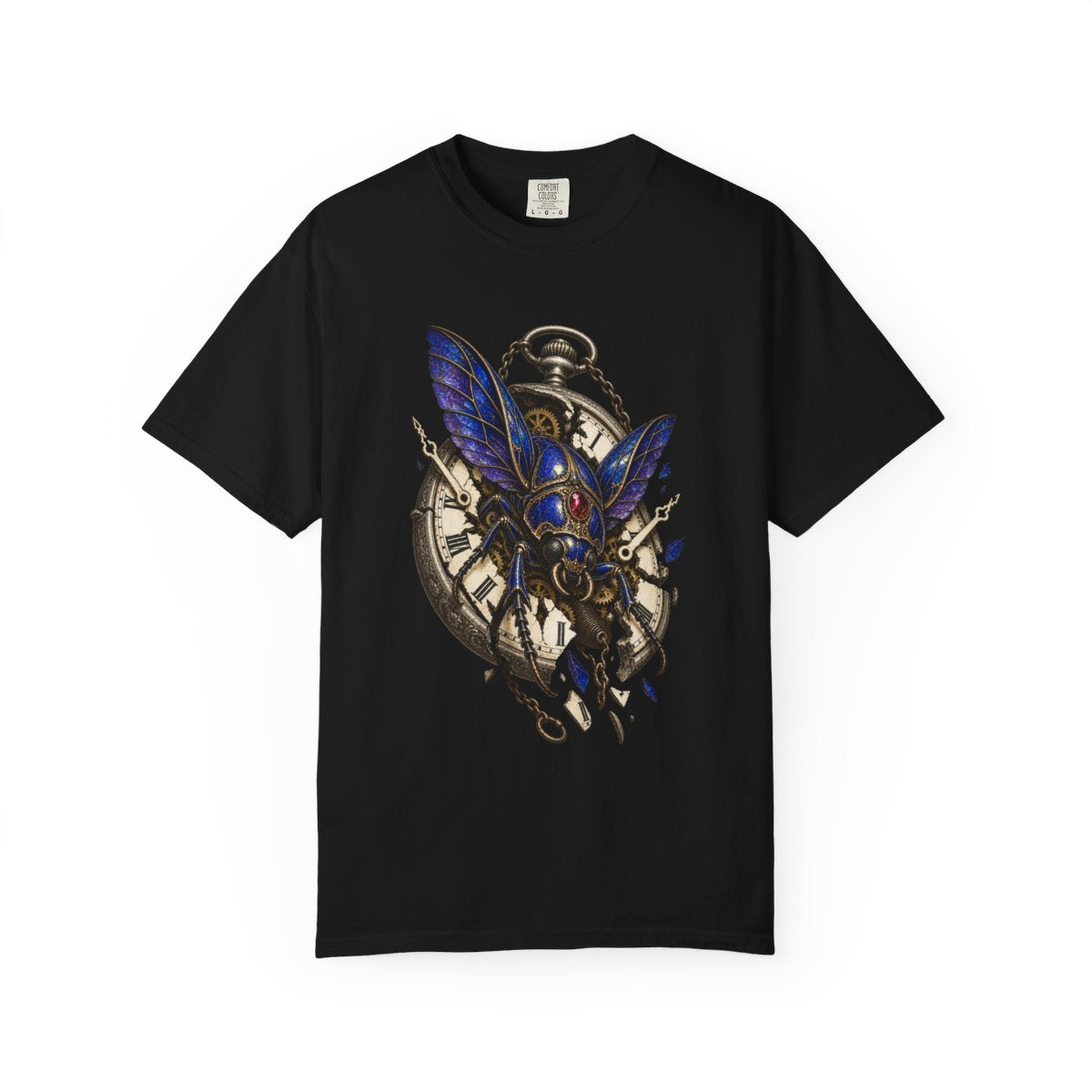 Clockwork Beetle Tee large front print on a Black Comfort Colors 1717 tee