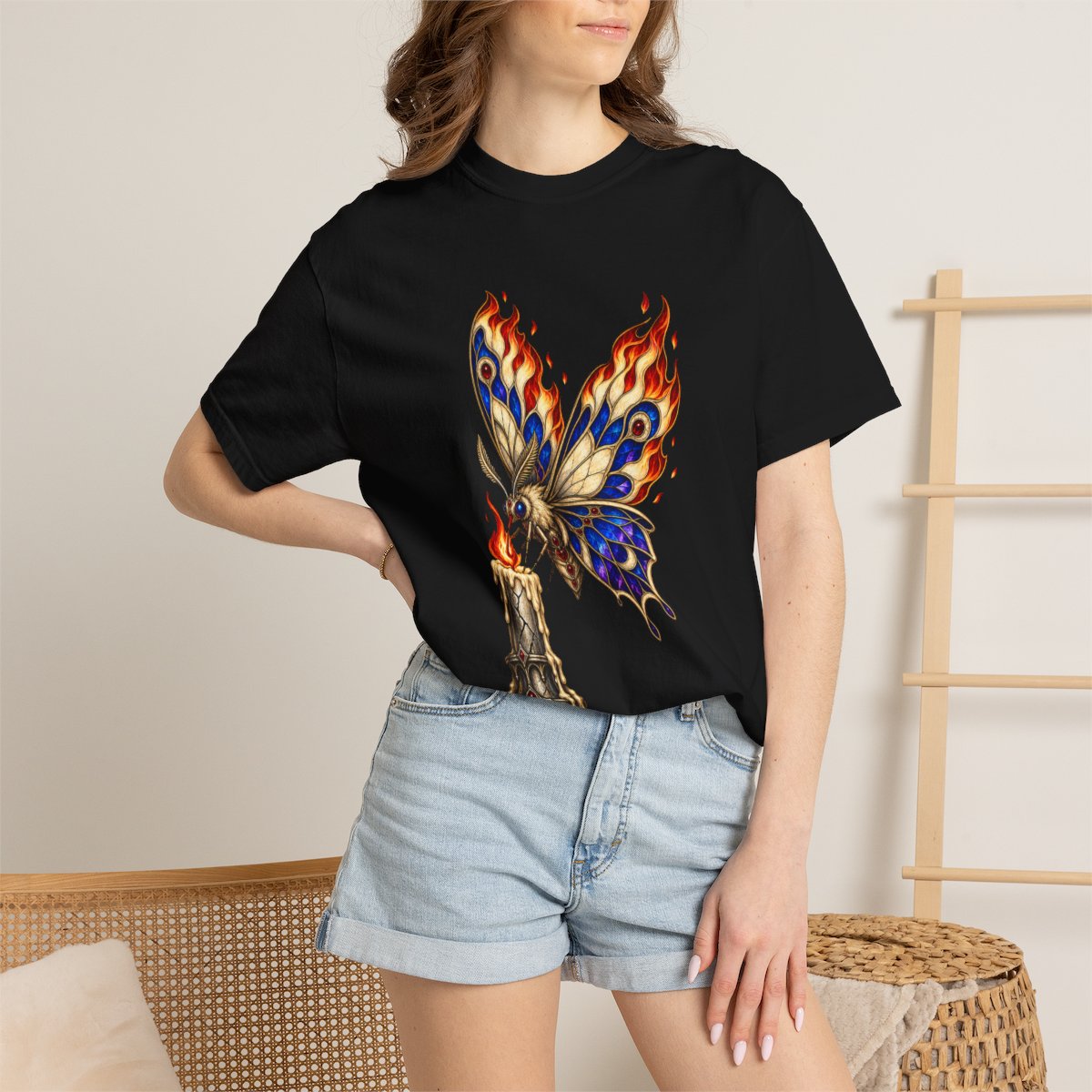 Flame Moth Tee worn Printify context view on a Black Comfort Colors 1717 tee