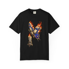 Flame Moth Tee large front print on a Black Comfort Colors 1717 tee