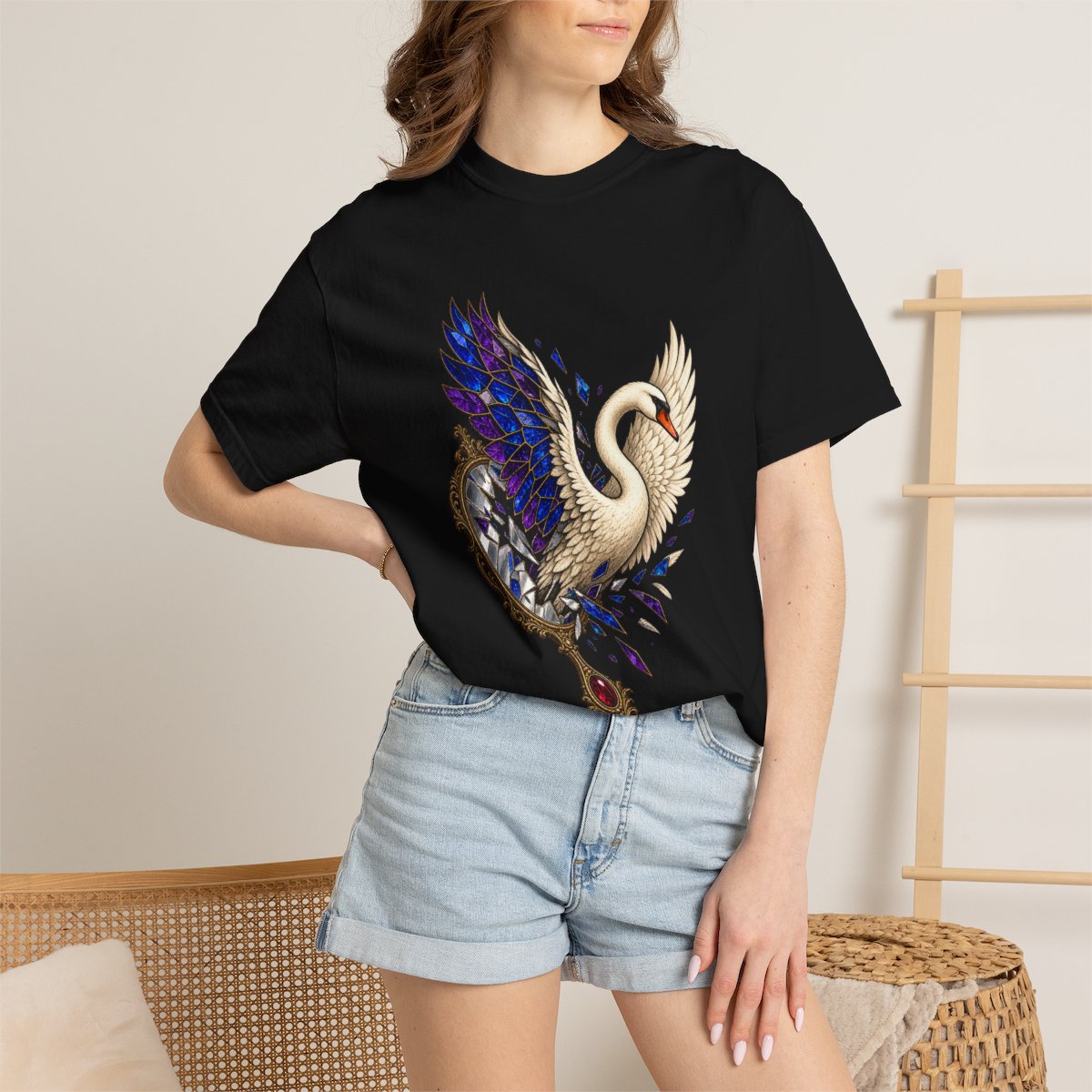 Swan Unbound Tee worn Printify context view on a Black Comfort Colors 1717 tee