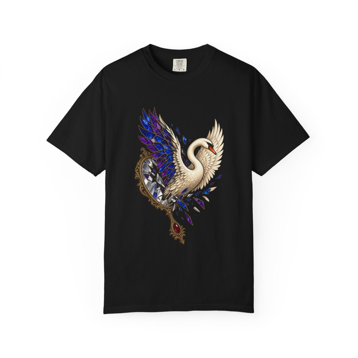 Swan Unbound Tee large front print on a Black Comfort Colors 1717 tee