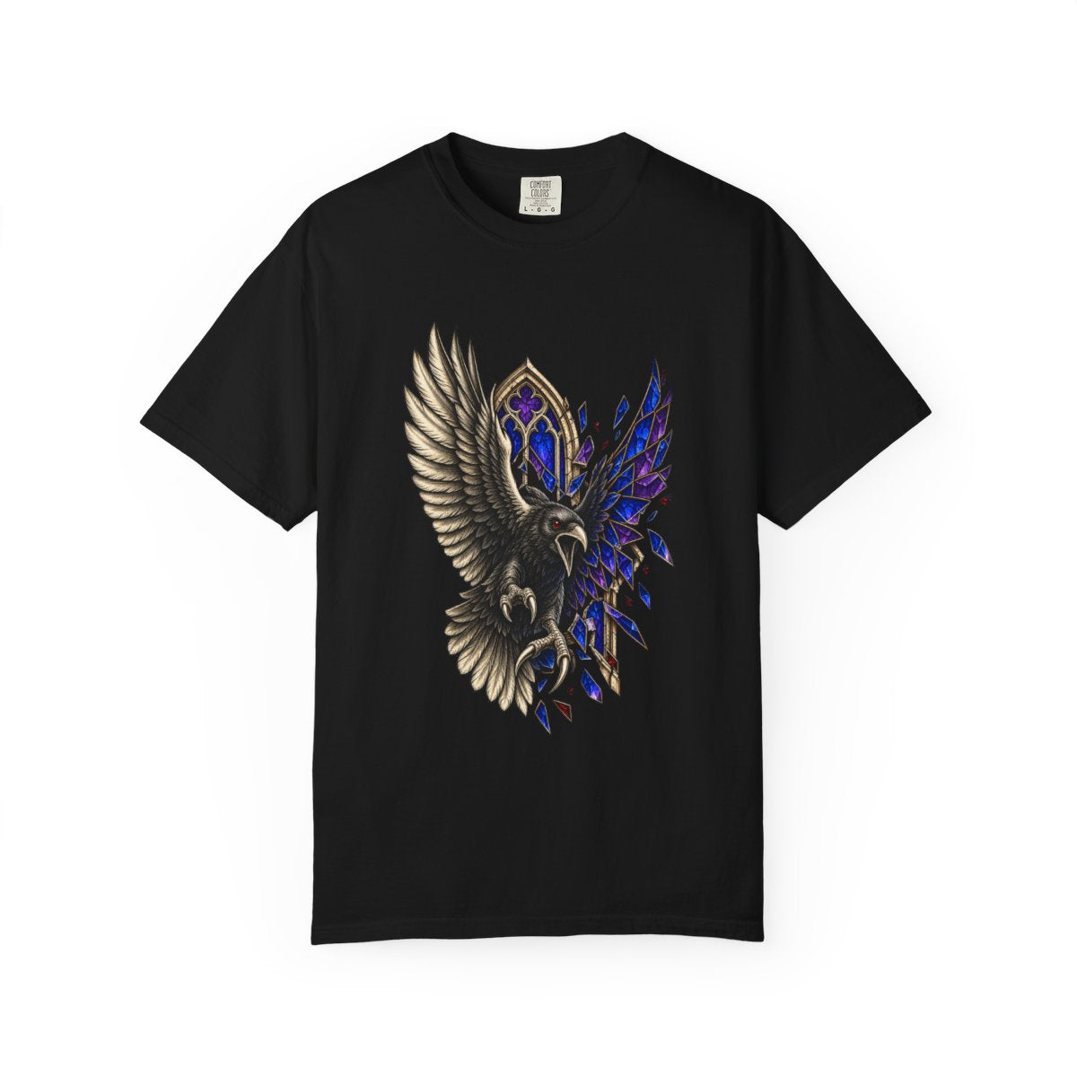Window Raven Tee large front print on a Black Comfort Colors 1717 tee