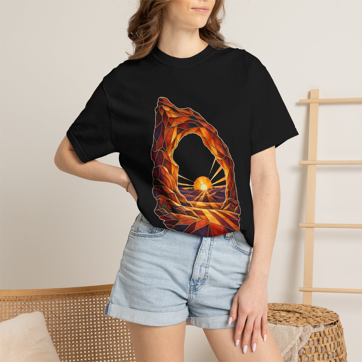 Desert Gate Tee worn Printify context view on a Black Comfort Colors 1717 tee