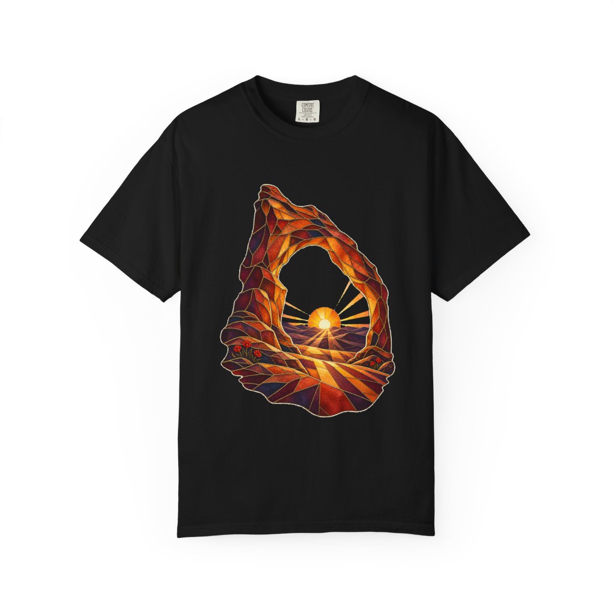 Desert Gate Tee large front print on a Black Comfort Colors 1717 tee