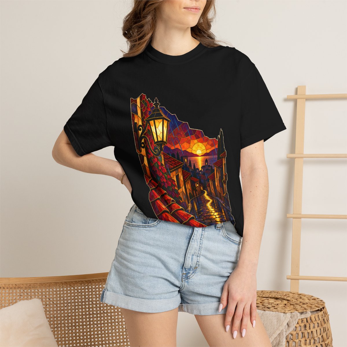 Rain Rooftops Tee worn Printify context view on a Black Comfort Colors 1717 tee