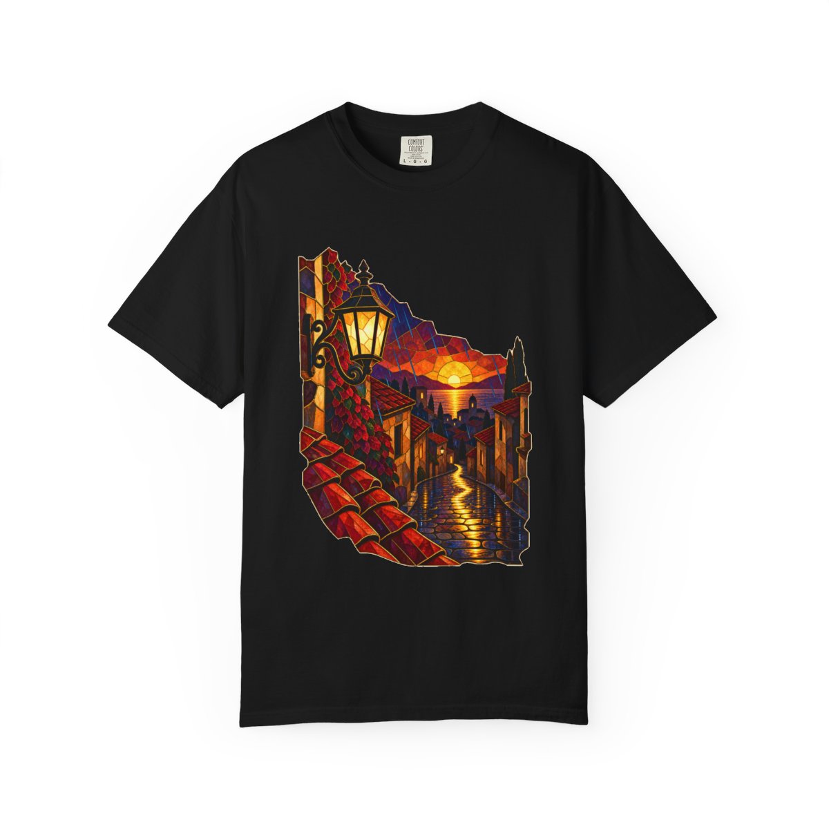 Rain Rooftops Tee large front print on a Black Comfort Colors 1717 tee