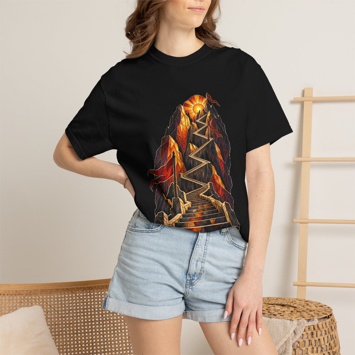 Skyward Steps Tee worn Printify context view on a Black Comfort Colors 1717 tee