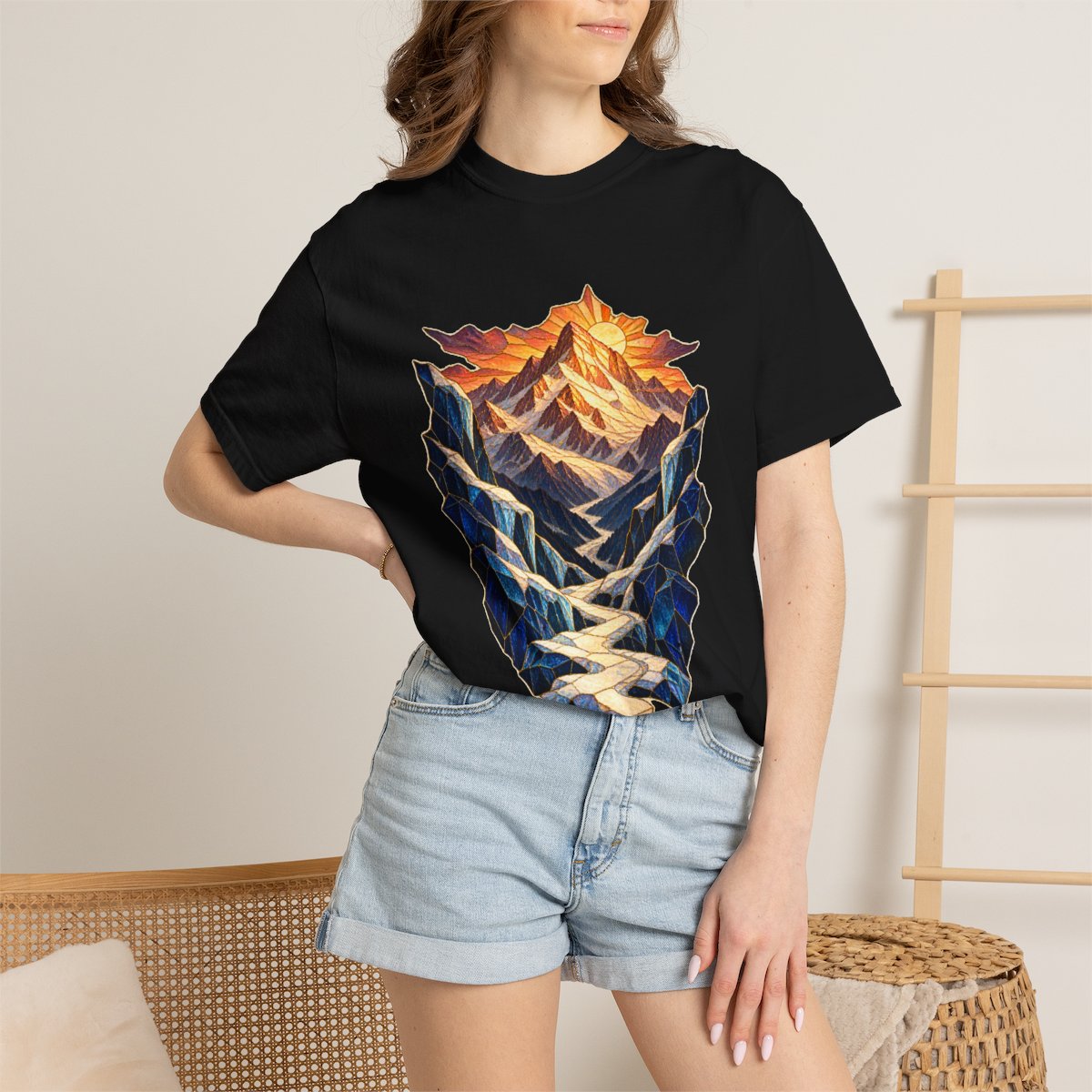 Snowline Pass Tee worn Printify context view on a Black Comfort Colors 1717 tee