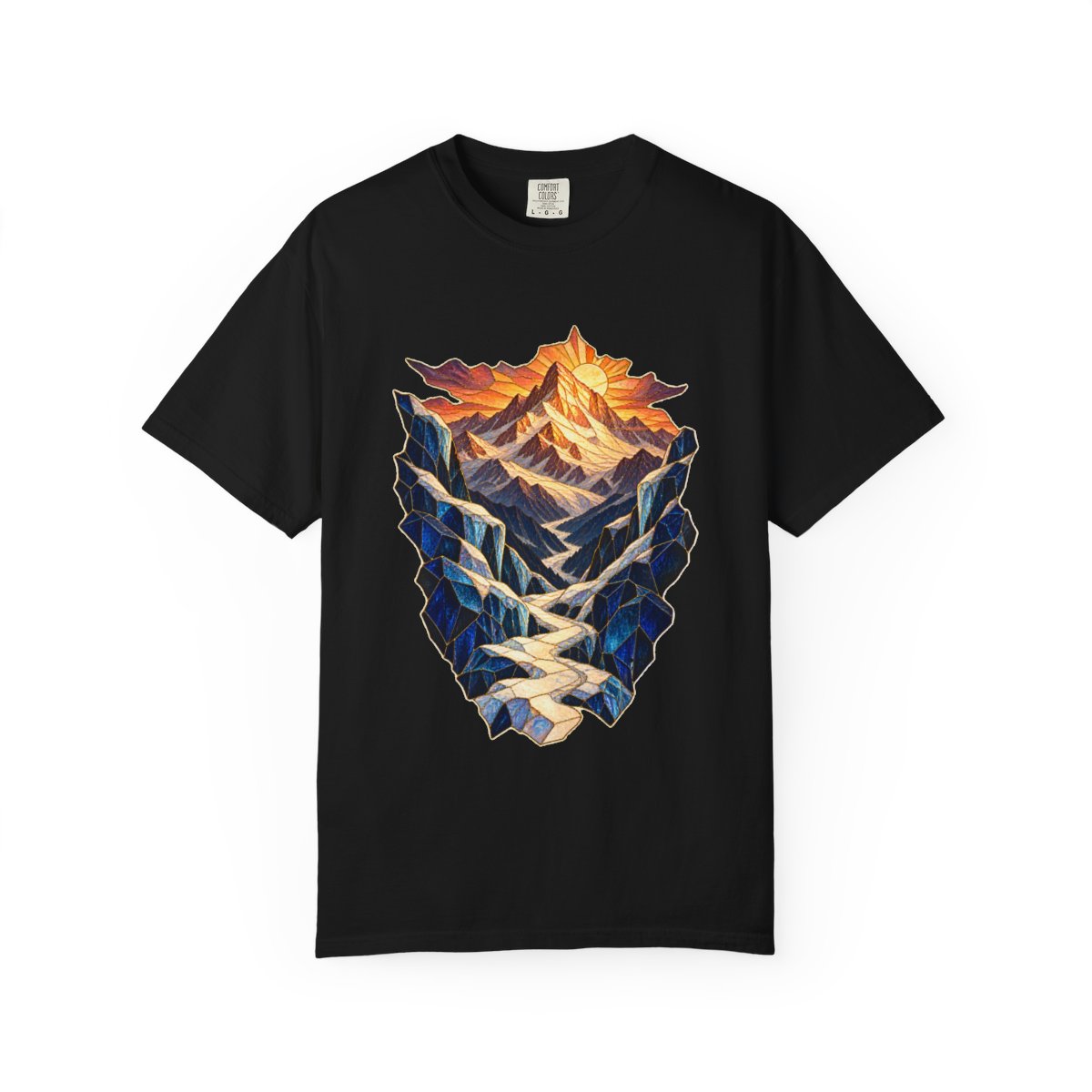Snowline Pass Tee large front print on a Black Comfort Colors 1717 tee