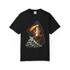 Storm Beacon Tee large front print on a Black Comfort Colors 1717 tee