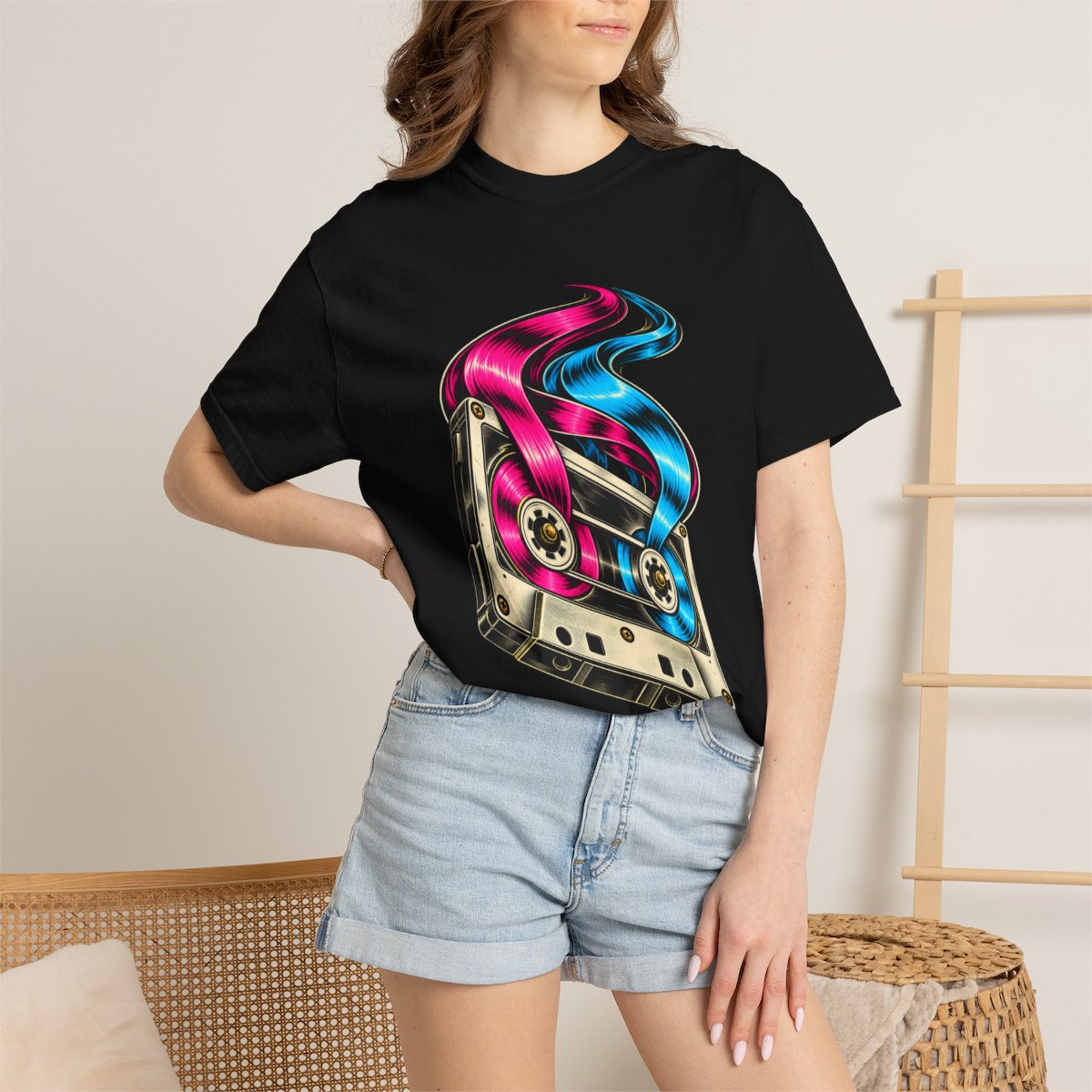 Cassette Comet Tee worn Printify context view on a Black Comfort Colors 1717 tee